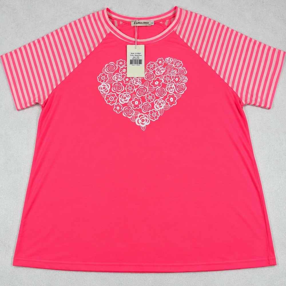 Southern Stitch Women's XXL Neon Pink Floral Heart Striped Raglan Top NWT